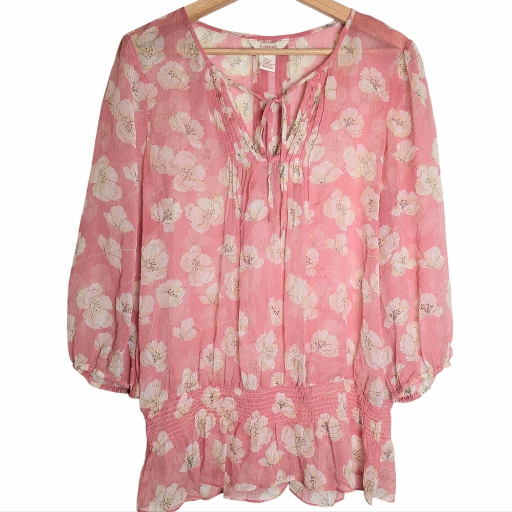 Sundance 100% Silk Pleated Tie Neck Pink Floral Blouse Size M Elegant